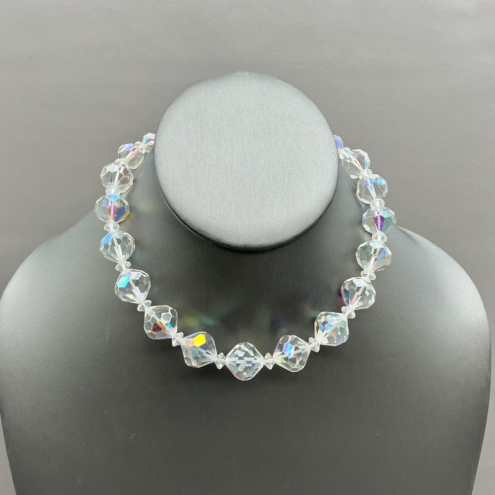 Beaded Necklace Women Clear Aurora Borealis AB Crystal Graduated Faceted Vintage